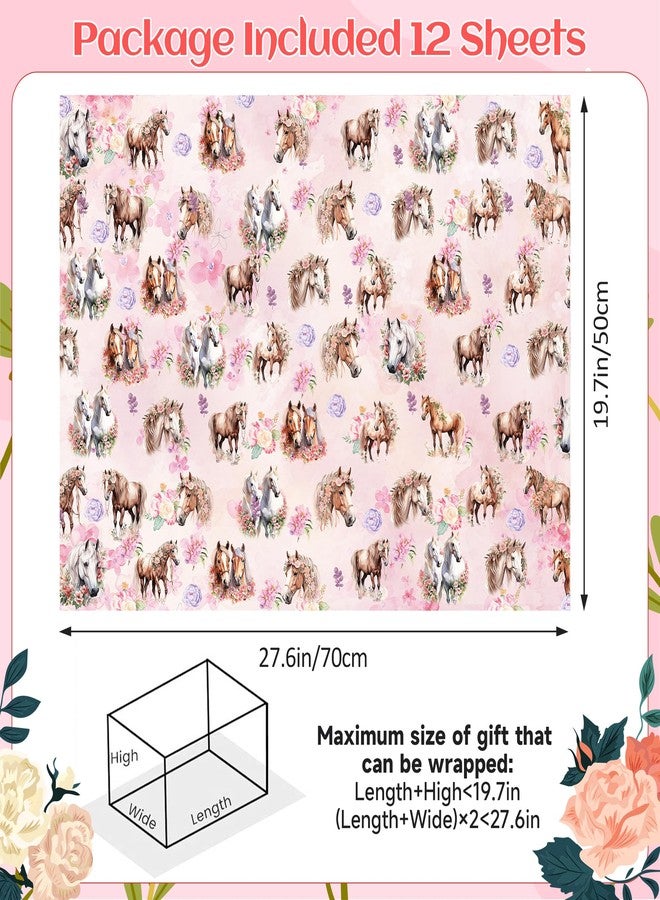 Pineraap 12 Sheets Horse Floral Wrapping Paper, Cowgirl Gift Wrap Paper, Rose Themed Western Derby Wrapping Papers for DIY Crafts, Girls Birthday, Baby Shower, Wedding, Graduation Gift, 27.6 x 19.7In - Image 2